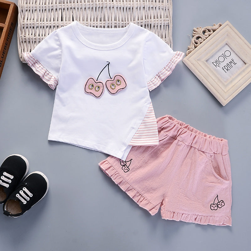 Cream & Cherry Print Toddler Top and Ruffled Shorts Set
