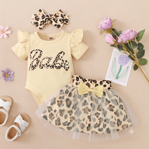 Cute Leopard Print "Babe" Ruffle Sleeve Baby Bodysuit & Headband Set