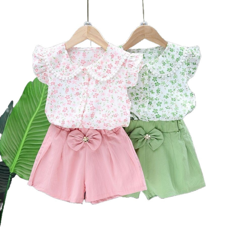 Cute Floral Print Flutter Sleeve Blouse and Bow-Accented Pink Shorts Set for Girls