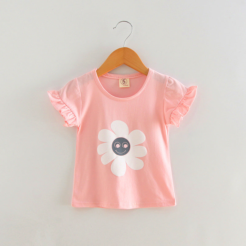 Cute Smiley Flower Ruffle Sleeve T-Shirt