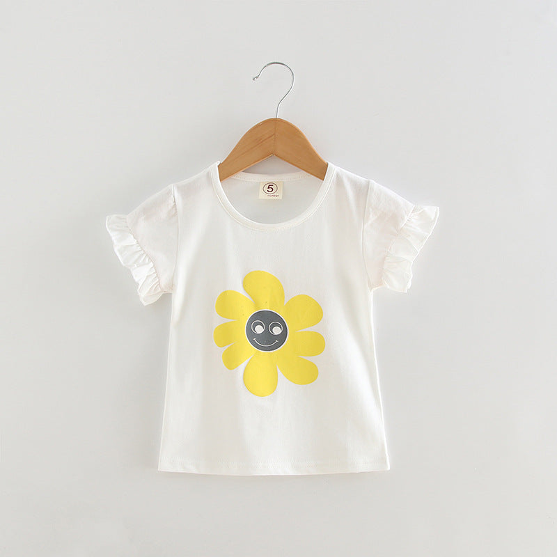 Cute Smiley Flower Ruffle Sleeve T-Shirt