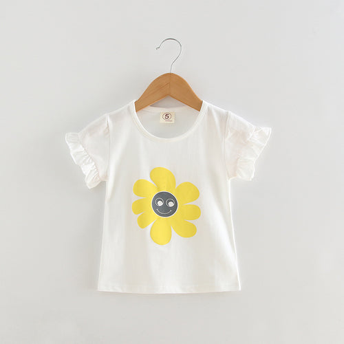 Cute Smiley Flower Ruffle Sleeve T-Shirt